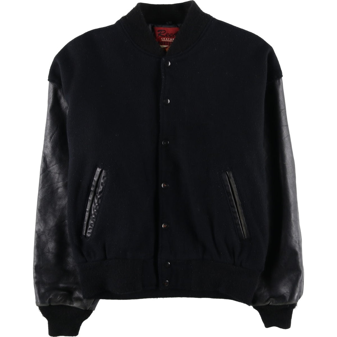Vintage 80s-90'S Reed Varsity Jacket with Leather Sleeves and Wool Buttons, Made in USA, Men's Size L Genuine leather (sleeves) black type Vintage Second Hand