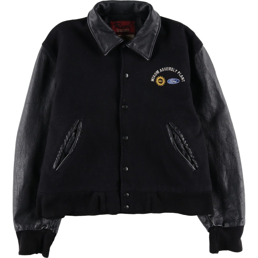 Vintage 80s-90'S Reed Ford Varsity Jacket with Collar, Leather Sleeves, and Wool Buttons, Made in USA, Men's Size Medium Genuine leather (sleeves) black type Vintage Second Hand