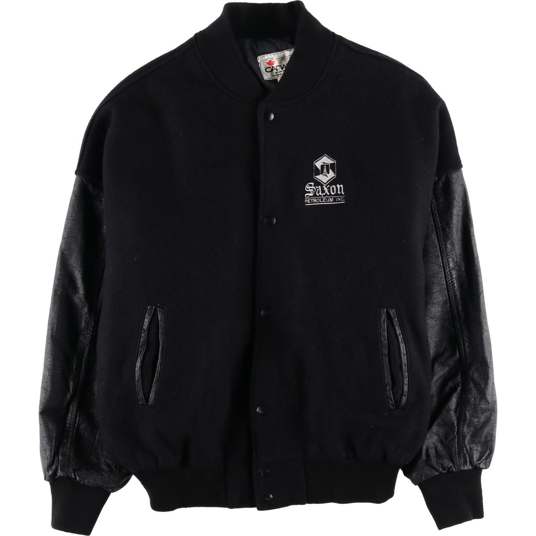 90'S Canada Sportswear Vintage Varsity Jacket with Leather Sleeves and Wool Buttons, Made in Canada, Men's Size XL wool black type Vintage Second Hand