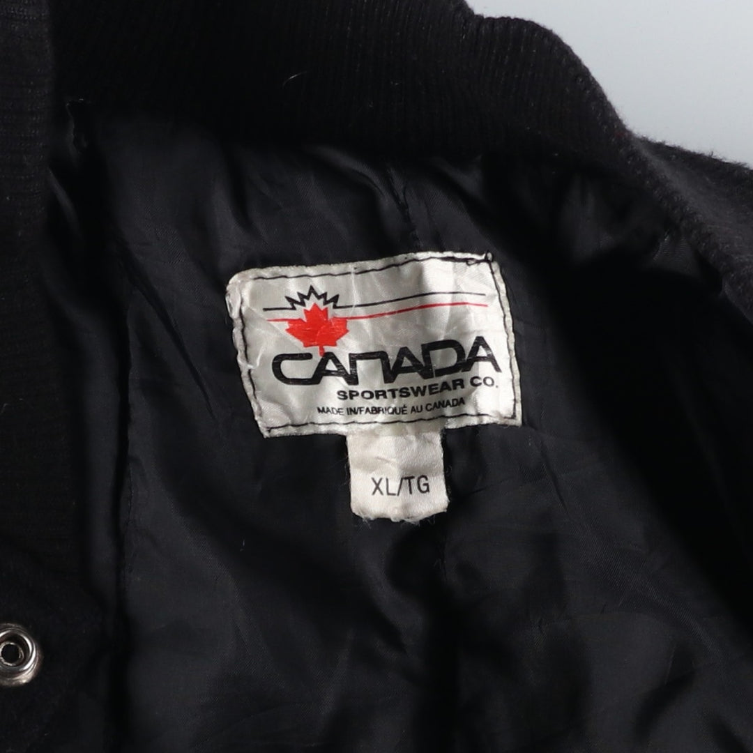 90'S Canada Sportswear Vintage Varsity Jacket with Leather Sleeves and Wool Buttons, Made in Canada, Men's Size XL wool black type Vintage Second Hand
