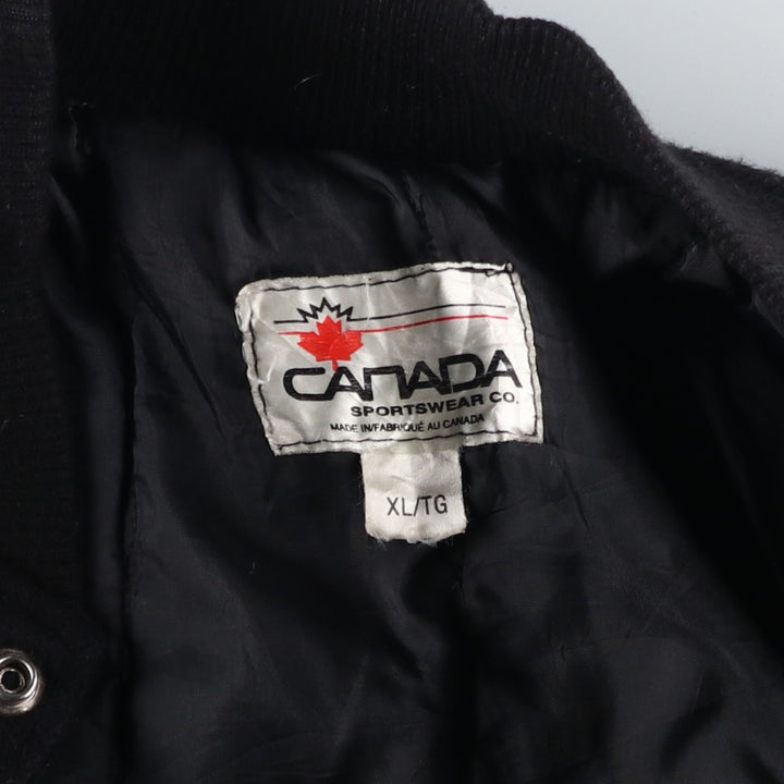 90'S Canada Sportswear Vintage Varsity Jacket with Leather Sleeves and Wool Buttons, Made in Canada, Men's Size XL wool black type Vintage Second Hand