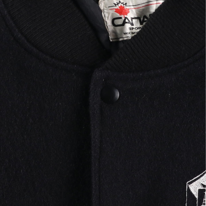 90'S Canada Sportswear Vintage Varsity Jacket with Leather Sleeves and Wool Buttons, Made in Canada, Men's Size XL wool black type Vintage Second Hand