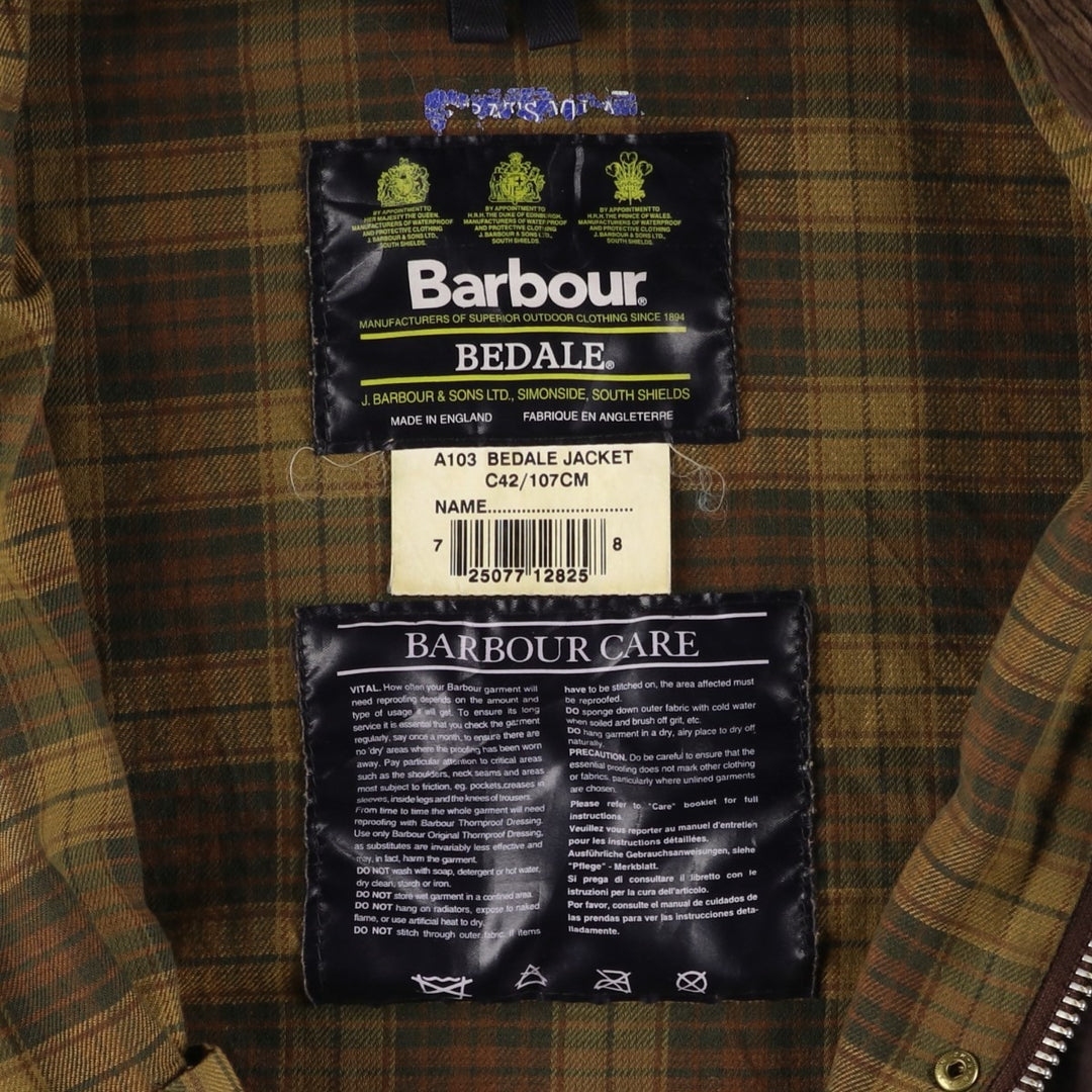 1990'S Barbour Bedale 3-Warrant Waxed Cotton Oiled Jacket, Made in England, C42, Men's Size L cotton brown type Vintage Second Hand