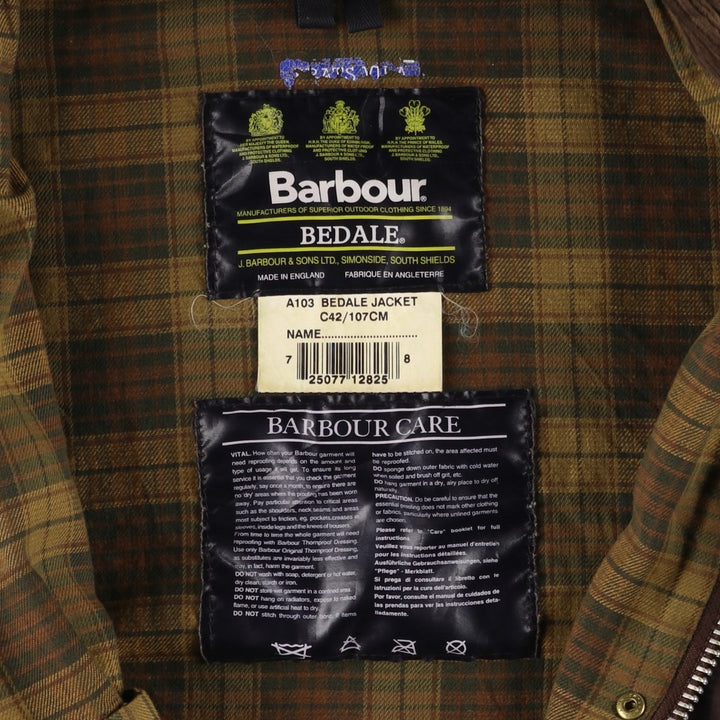 1990'S Barbour Bedale 3-Warrant Waxed Cotton Oiled Jacket, Made in England, C42, Men's Size L cotton brown type Vintage Second Hand
