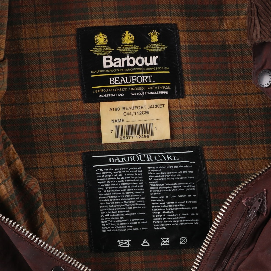 1990'S Barbour Beaufort 3 Warrant Oiled Hunting Jacket, Made in England, C44, Men's Size L cotton brown type Vintage Second Hand