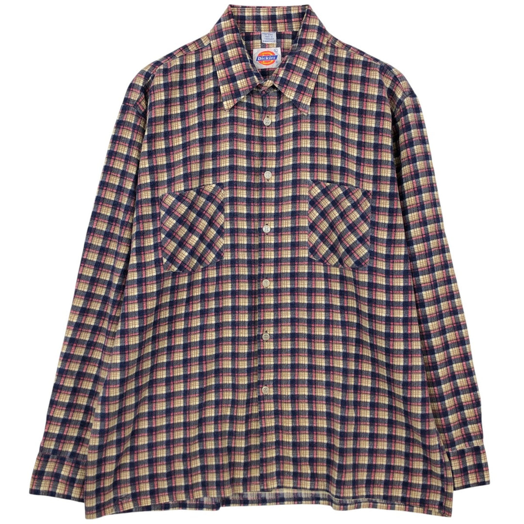 80'S Dickies Long Sleeve Printed Flannel Check Shirt Box Shirt Men's Size L Vintage cotton Beige type Vintage Second Hand