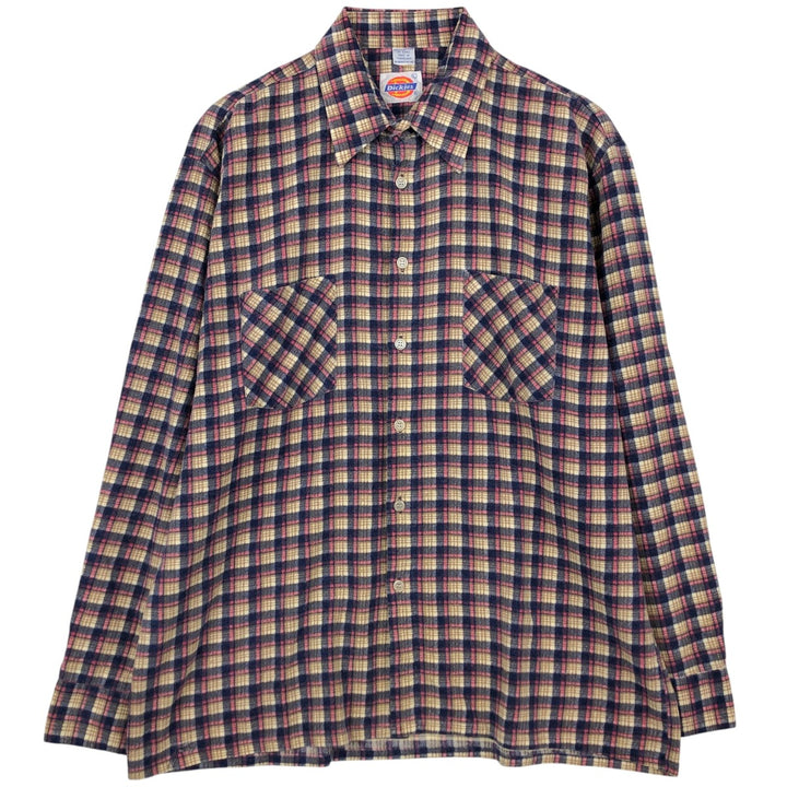 80'S Dickies Long Sleeve Printed Flannel Check Shirt Box Shirt Men's Size L Vintage cotton Beige type Vintage Second Hand