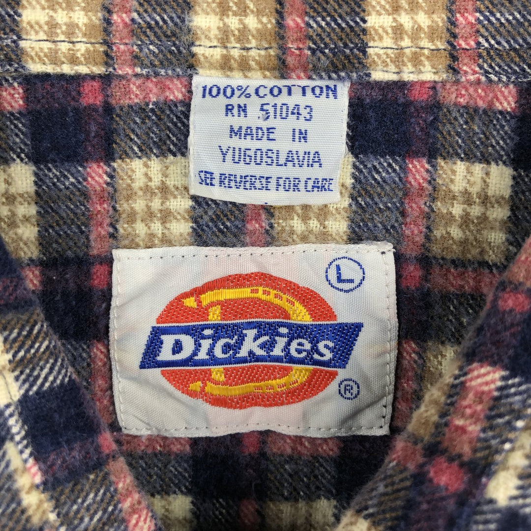 80'S Dickies Long Sleeve Printed Flannel Check Shirt Box Shirt Men's Size L Vintage cotton Beige type Vintage Second Hand
