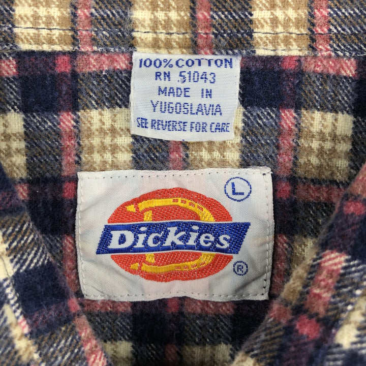 80'S Dickies Long Sleeve Printed Flannel Check Shirt Box Shirt Men's Size L Vintage cotton Beige type Vintage Second Hand