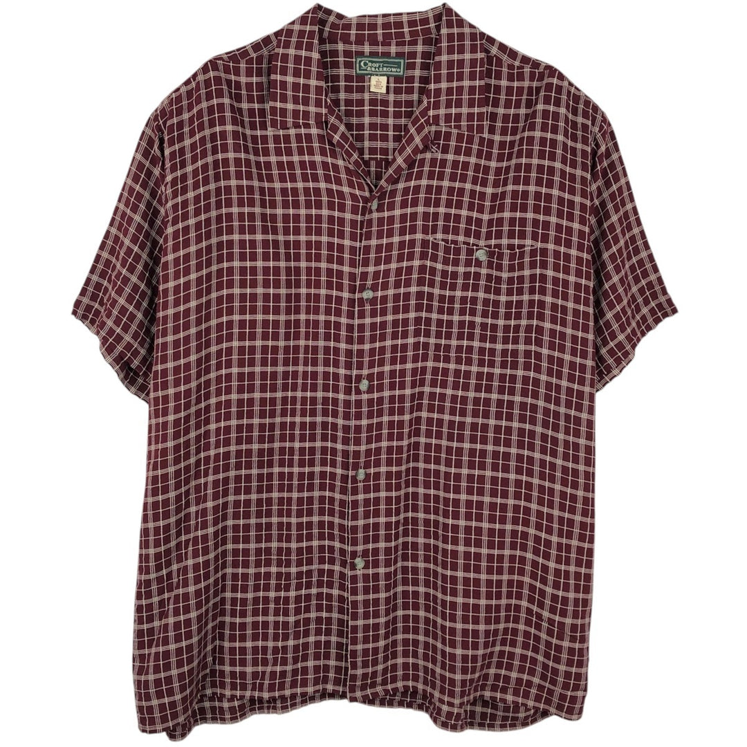 90s-era Craft & Barrow Check Pattern Short-Sleeve Open Collar Silk Shirt, Boxy Shirt, Men's Size L (Equivalent), Vintage silk bordeaux Vintage Second Hand