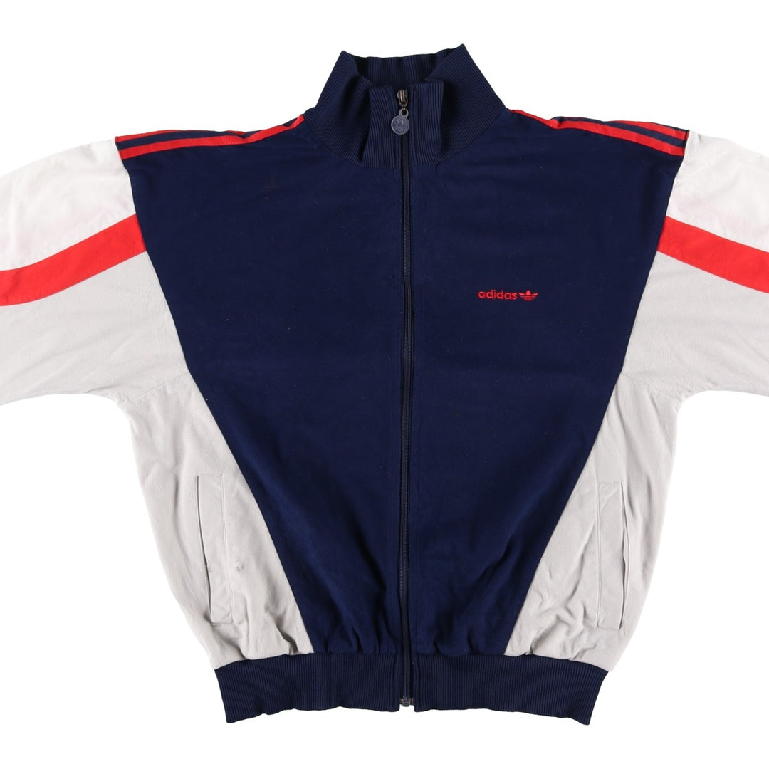 Vintage 1980'S adidas Trefoil logo velour jersey track jacket, men's size L polyester navy blue type Vintage Second Hand
