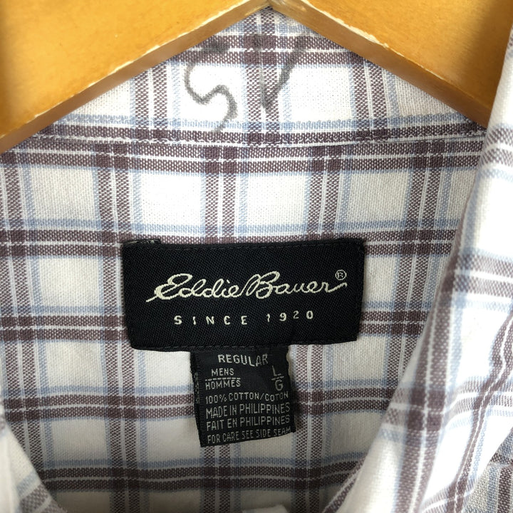 00'S Eddie Bauer long sleeve button down check shirt, men's size L cotton white type Vintage Second Hand