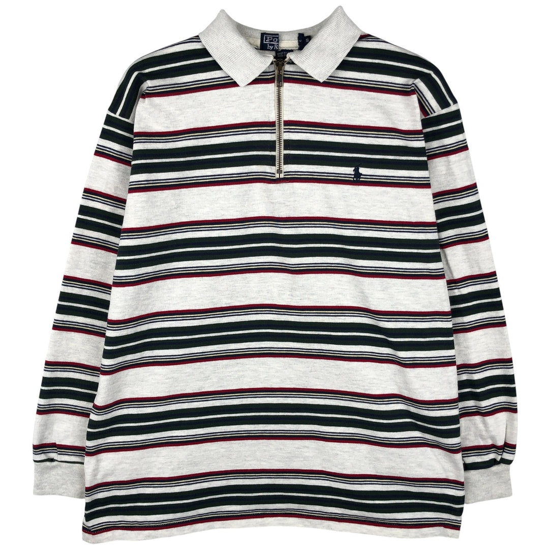 90'S Ralph Lauren POLO by Ralph Lauren Striped Pattern Collared Half-Zip Sweatshirt, Made in USA cotton white type Vintage Second Hand