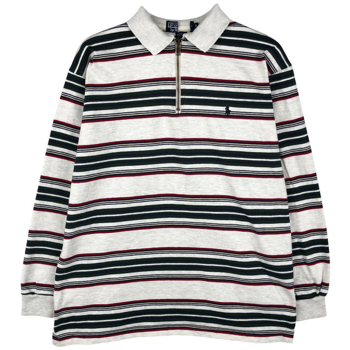 90'S Ralph Lauren POLO by Ralph Lauren Striped Pattern Collared Half-Zip Sweatshirt, Made in USA cotton white type Vintage Second Hand
