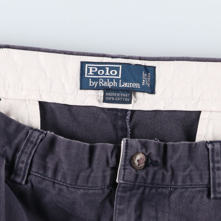 Ralph Lauren POLO by Ralph Lauren ANDREW PANT, two-pleat chino pants, men's, W35 equivalent cotton navy blue type Vintage Second Hand