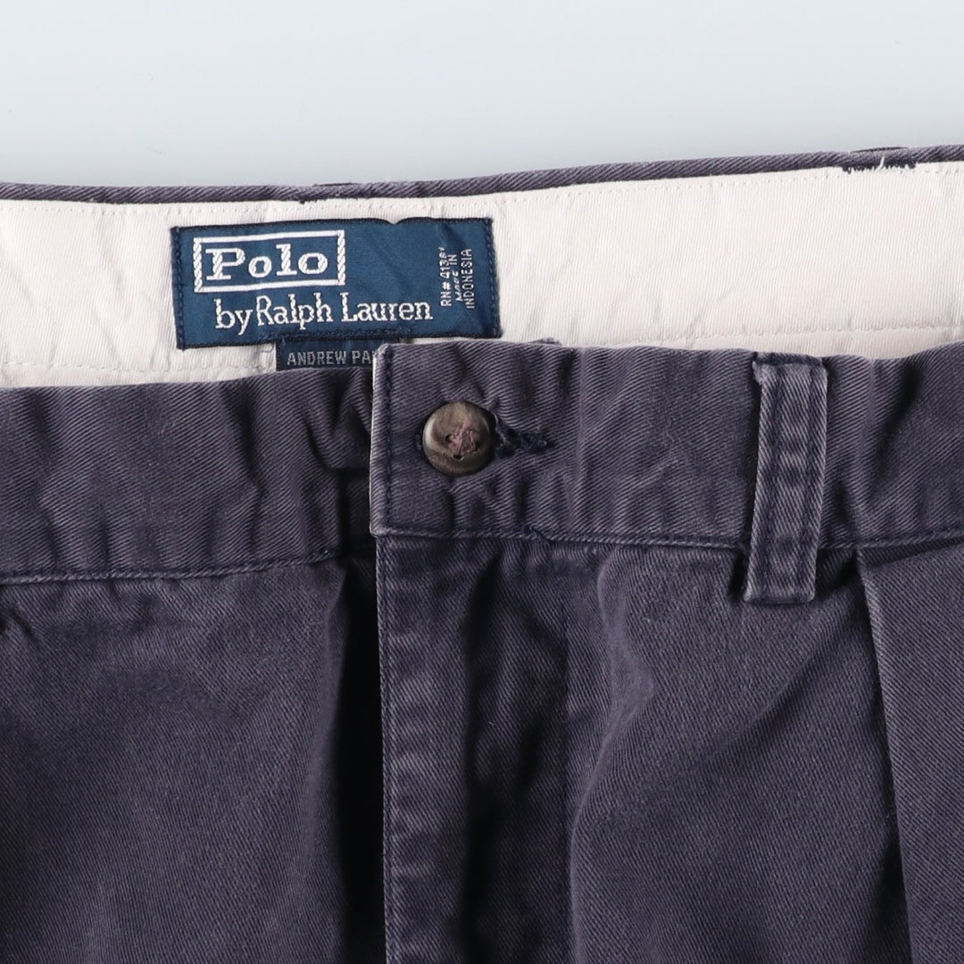Ralph Lauren POLO by Ralph Lauren ANDREW PANT, two-pleat chino pants, men's, W35 equivalent cotton navy blue type Vintage Second Hand