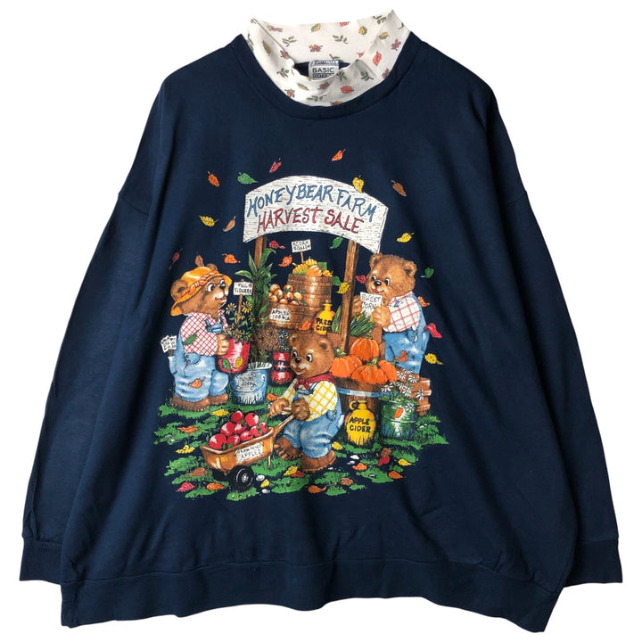 Oversized 90'S BASIC EDITIONS PLUS mock neck bear pattern sweatshirt, made in the USA, women's size XXXL acrylic navy blue type Vintage Second Hand