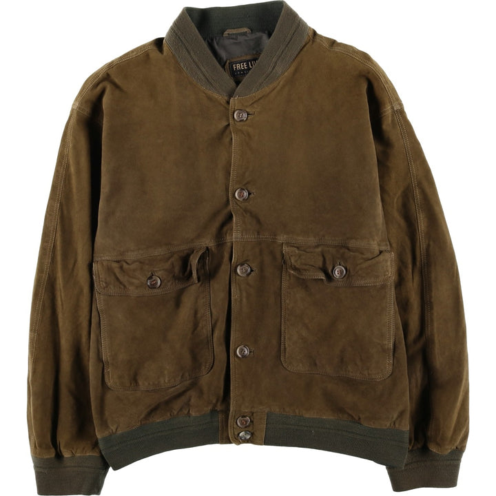 FREE LIVING Balster Jacket, Suede Leather Blouson, Men's XL Genuine Leather Suede Leather Khaki type brown Vintage Second Hand