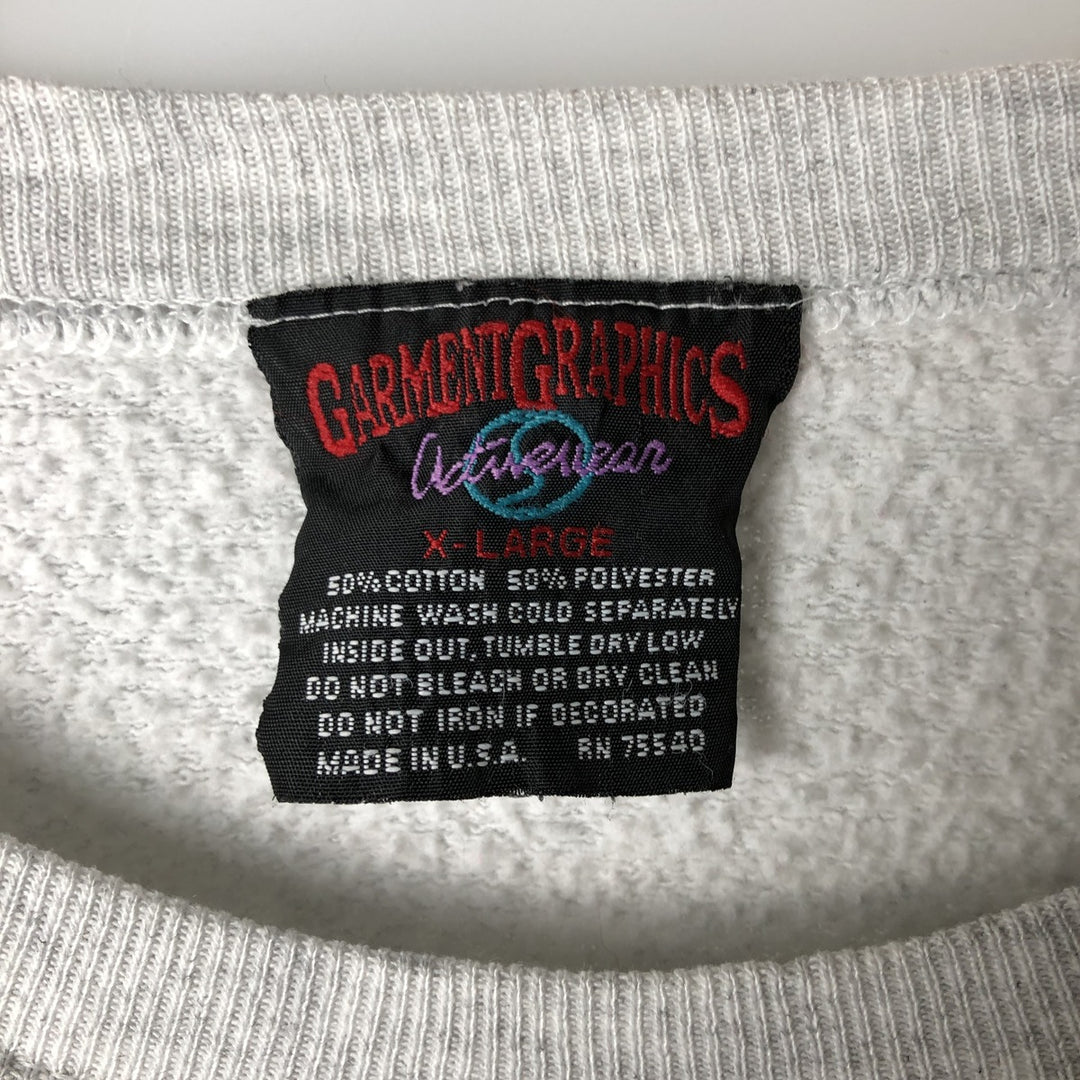 90'S GARMENT GRAPHICS College Sweatshirt, Made in USA, Men's Size XL, Vintage cotton gray type Vintage Second Hand