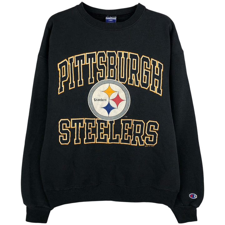 90'S Champion NFL Pittsburgh Steelers Print Sweatshirt, Made in USA, Men's Size L cotton black type Vintage Second Hand