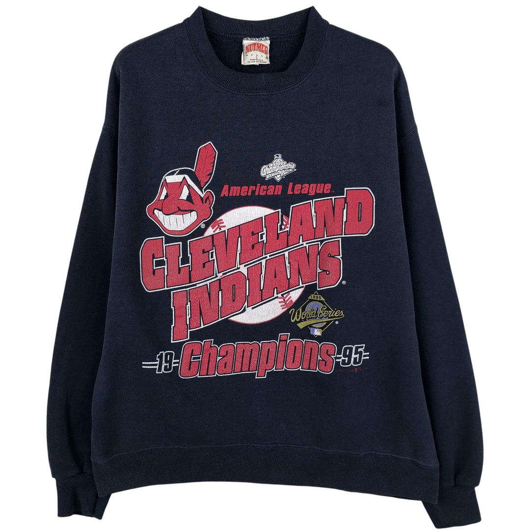 90'S Nutmeg MLB Cleveland Indians Print Sweatshirt, Made in USA, Men's Size L cotton navy blue type Vintage Second Hand