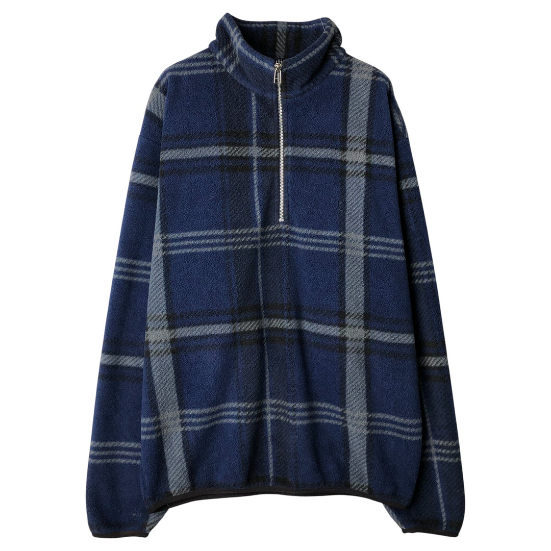Vintage 90'S Nautica Check Pattern Half-Zip Fleece Pullover, Made in USA, Men's Size L polyester navy blue type Vintage Second Hand
