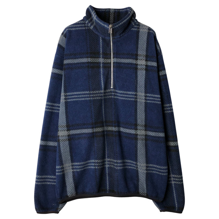 Vintage 90'S Nautica Check Pattern Half-Zip Fleece Pullover, Made in USA, Men's Size L polyester navy blue type Vintage Second Hand
