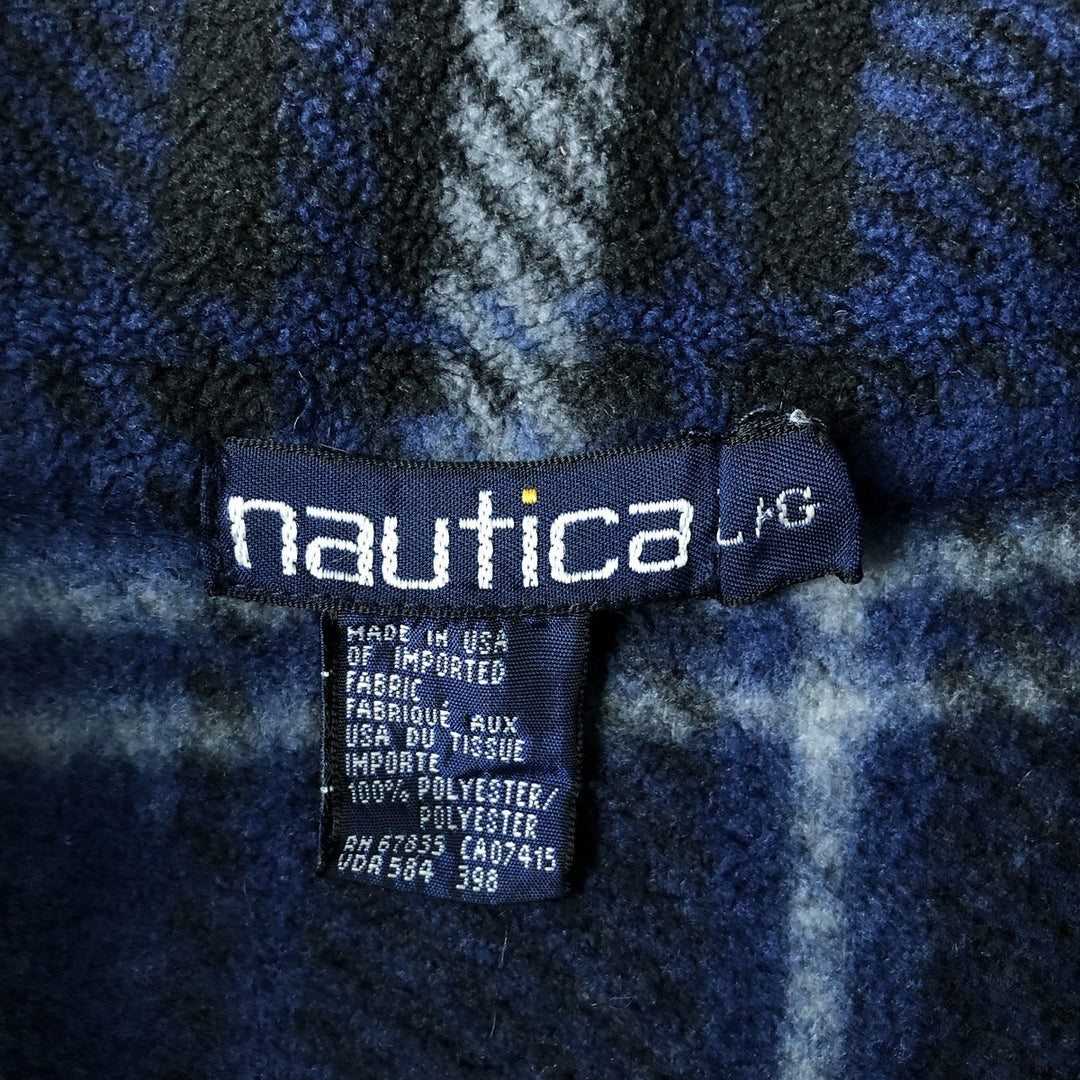 Vintage 90'S Nautica Check Pattern Half-Zip Fleece Pullover, Made in USA, Men's Size L polyester navy blue type Vintage Second Hand