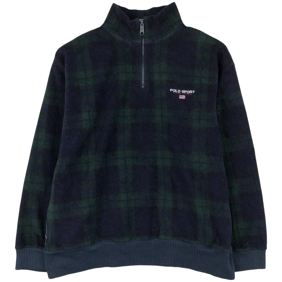 90'S Ralph Lauren Polo Sport Blackwatch Check Half-Zip Fleece Pullover, Men's Size Medium polyester navy blue type Vintage Second Hand