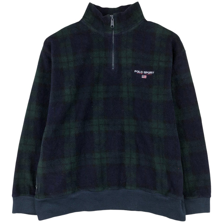 90'S Ralph Lauren Polo Sport Blackwatch Check Half-Zip Fleece Pullover, Men's Size Medium polyester navy blue type Vintage Second Hand