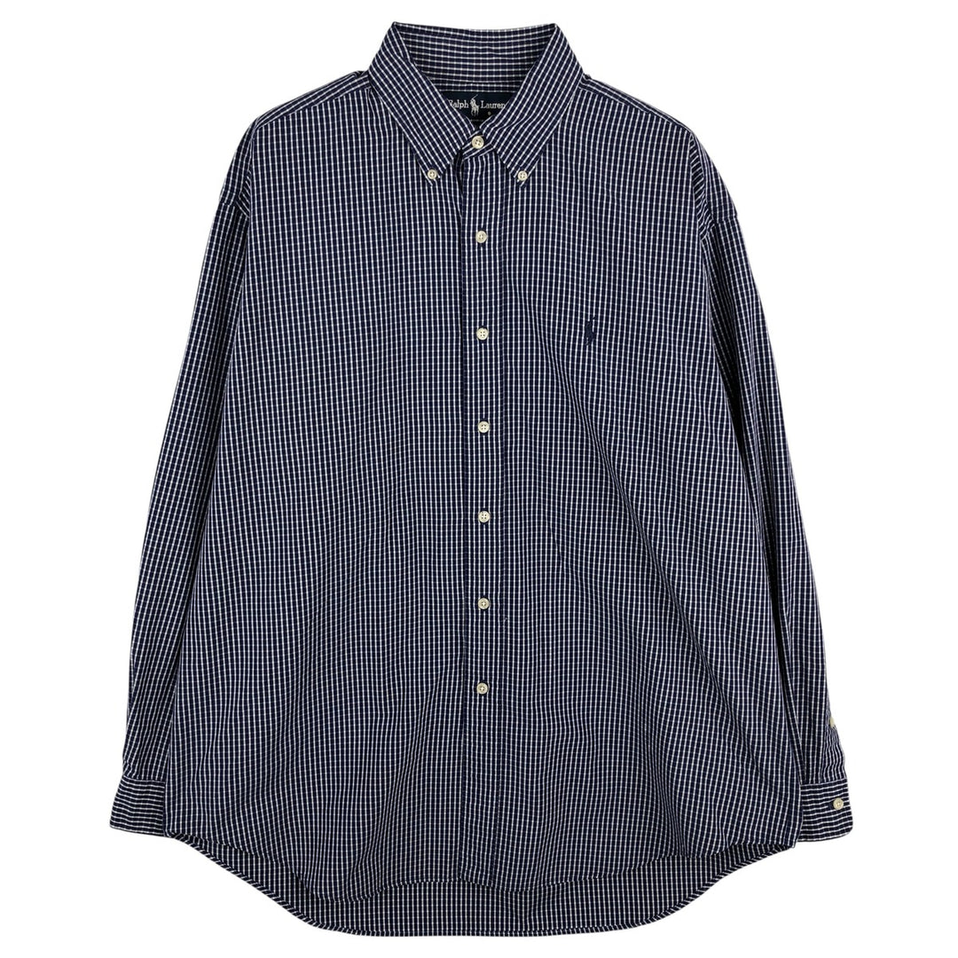 Ralph Lauren BLAKE long sleeve button down check shirt, men's size L cotton navy blue type Vintage Second Hand