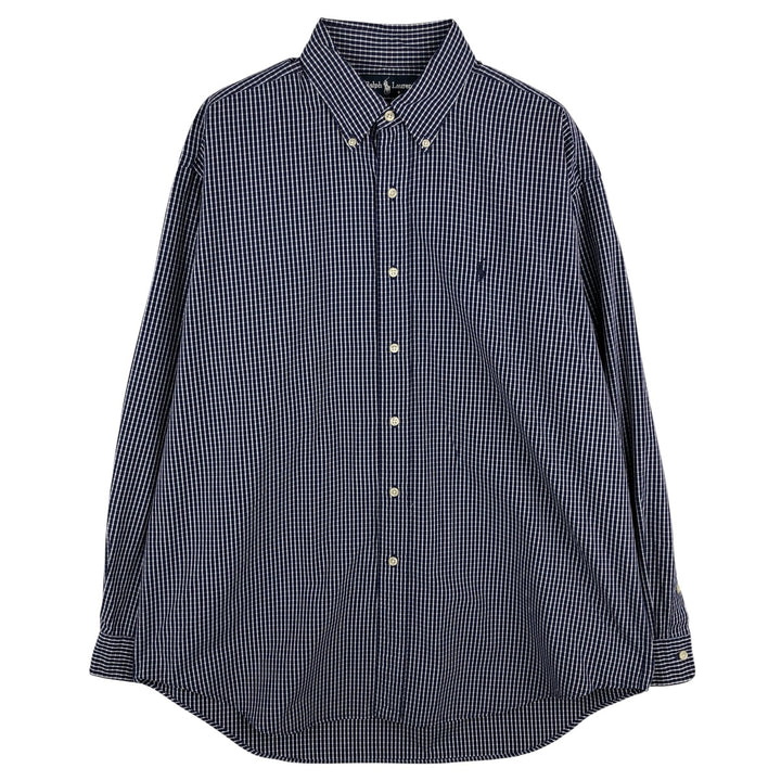 Ralph Lauren BLAKE long sleeve button down check shirt, men's size L cotton navy blue type Vintage Second Hand