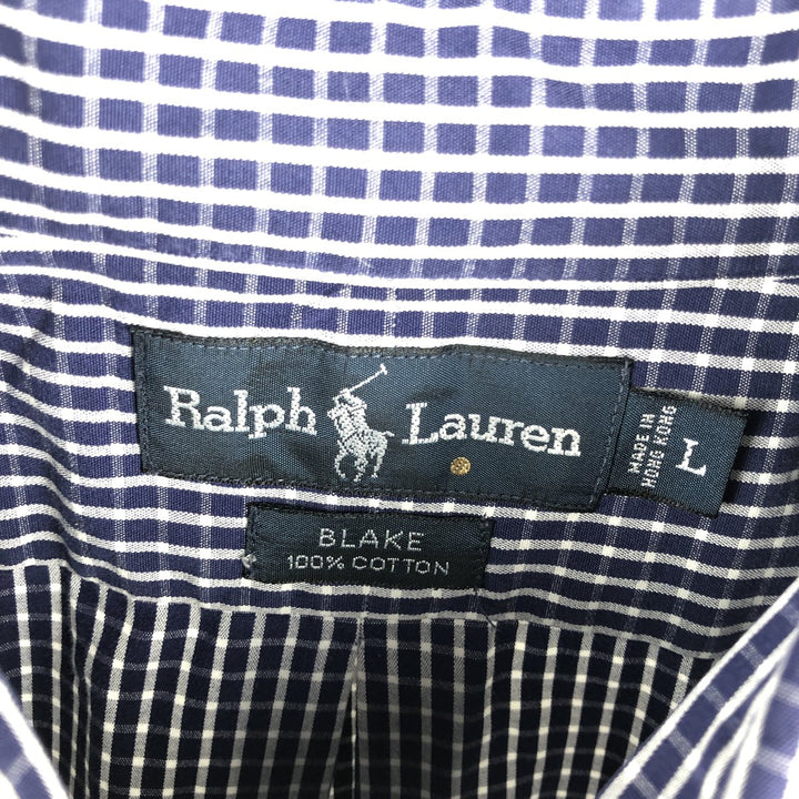 Ralph Lauren BLAKE long sleeve button down check shirt, men's size L cotton navy blue type Vintage Second Hand