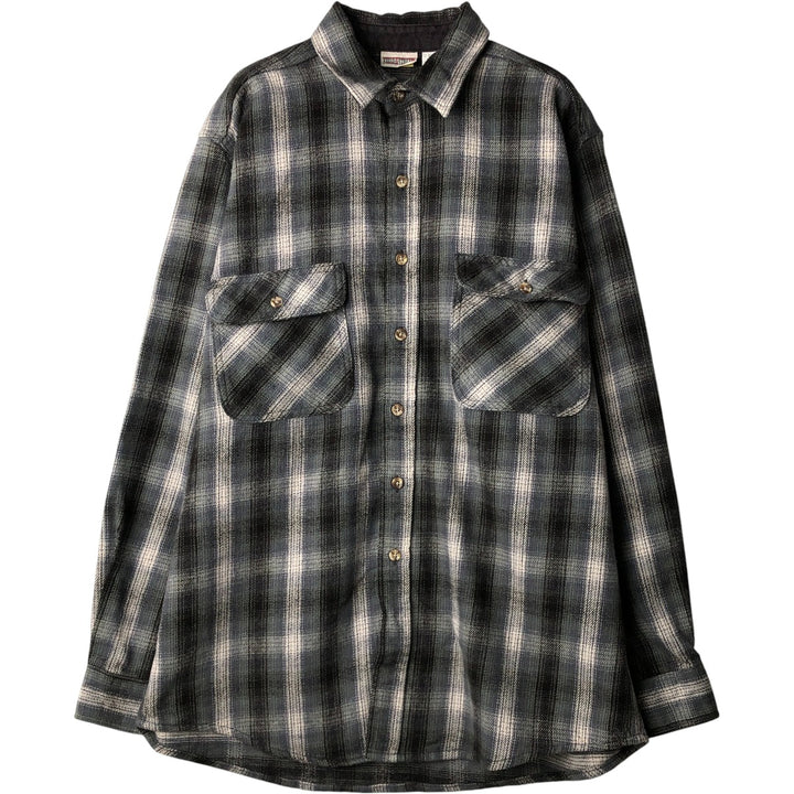 Vintage 90'S FIELD and STREAM ombre check long-sleeve heavy flannel shirt, men's size L cotton green type Vintage Second Hand
