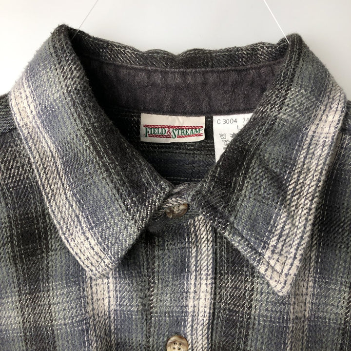 Vintage 90'S FIELD and STREAM ombre check long-sleeve heavy flannel shirt, men's size L cotton green type Vintage Second Hand