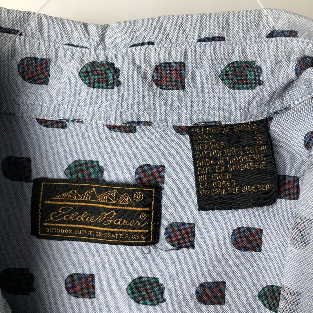 Vintage 80s-90'S Eddie Bauer black tag all-over print long-sleeve button-down shirt, men's size L cotton Blue type light blue Vintage Second Hand