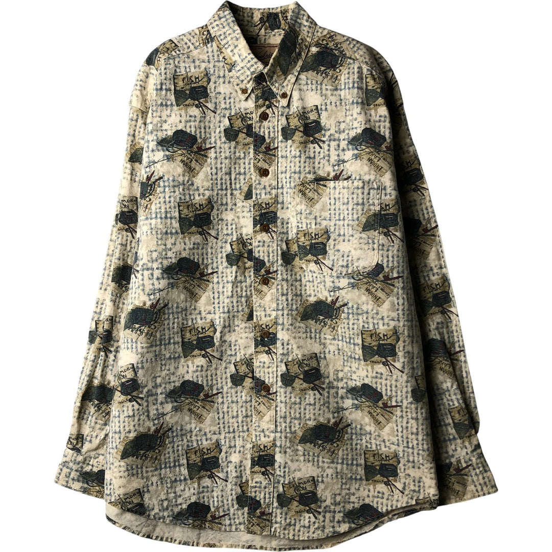 2000'S WOOLRICH all-over print long-sleeve button-down shirt, Made in USA, Men's size L cotton ivory Vintage Second Hand