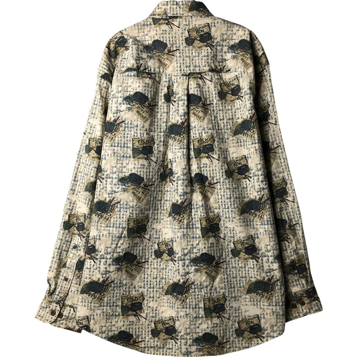 2000'S WOOLRICH all-over print long-sleeve button-down shirt, Made in USA, Men's size L cotton ivory Vintage Second Hand