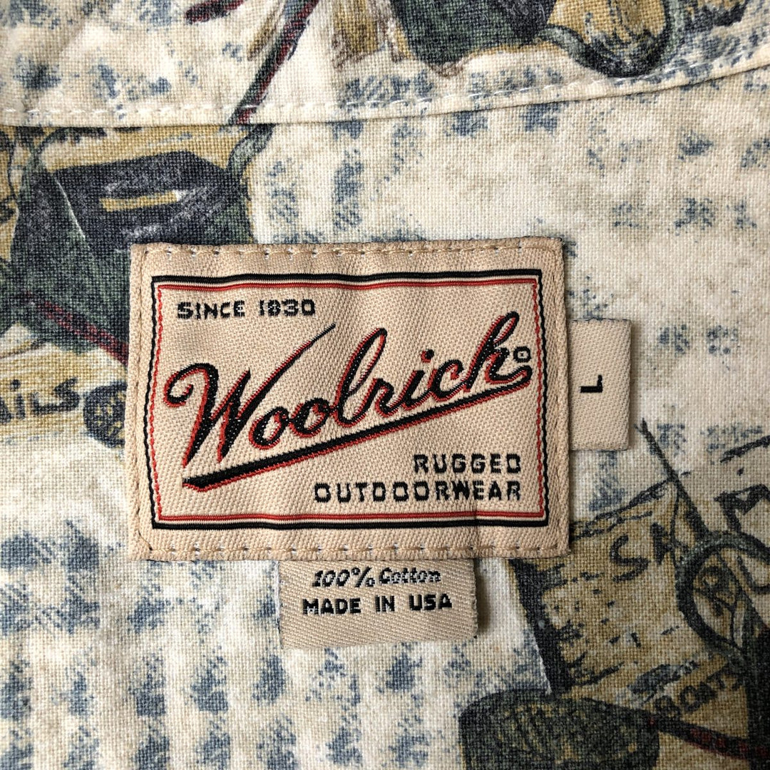 2000'S WOOLRICH all-over print long-sleeve button-down shirt, Made in USA, Men's size L cotton ivory Vintage Second Hand