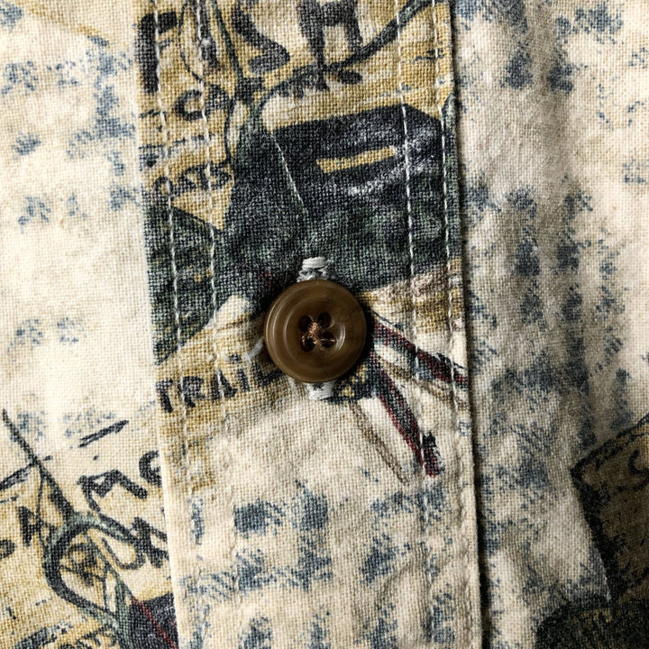 2000'S WOOLRICH all-over print long-sleeve button-down shirt, Made in USA, Men's size L cotton ivory Vintage Second Hand