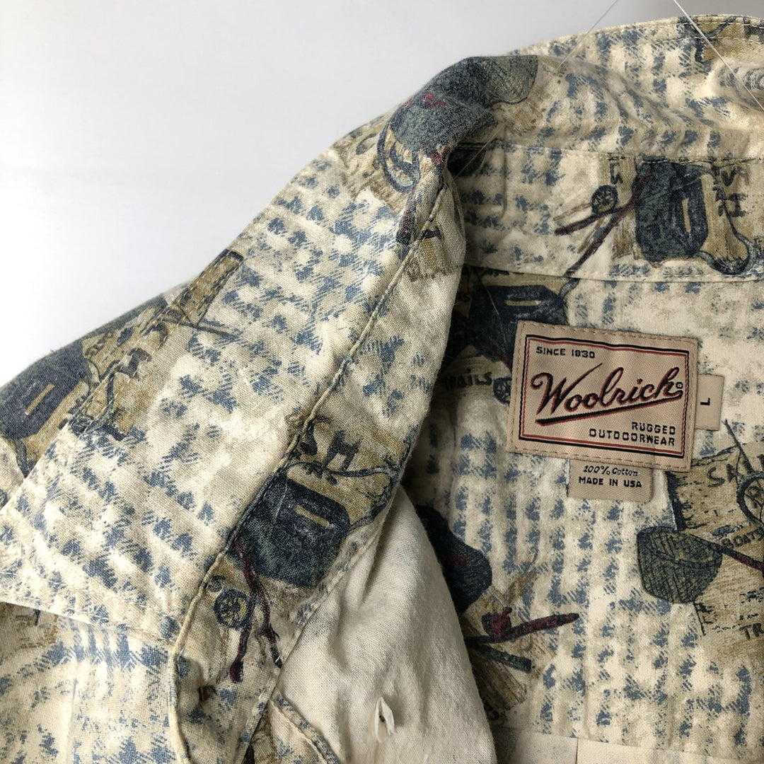 2000'S WOOLRICH all-over print long-sleeve button-down shirt, Made in USA, Men's size L cotton ivory Vintage Second Hand