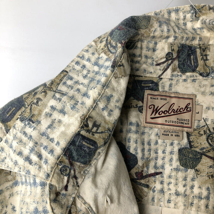 2000'S WOOLRICH all-over print long-sleeve button-down shirt, Made in USA, Men's size L cotton ivory Vintage Second Hand