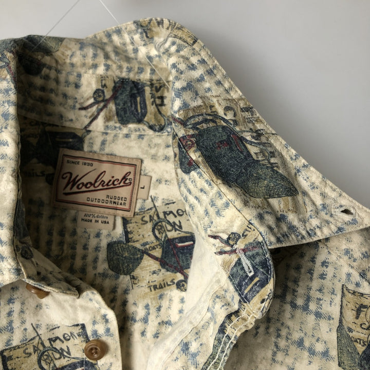 2000'S WOOLRICH all-over print long-sleeve button-down shirt, Made in USA, Men's size L cotton ivory Vintage Second Hand