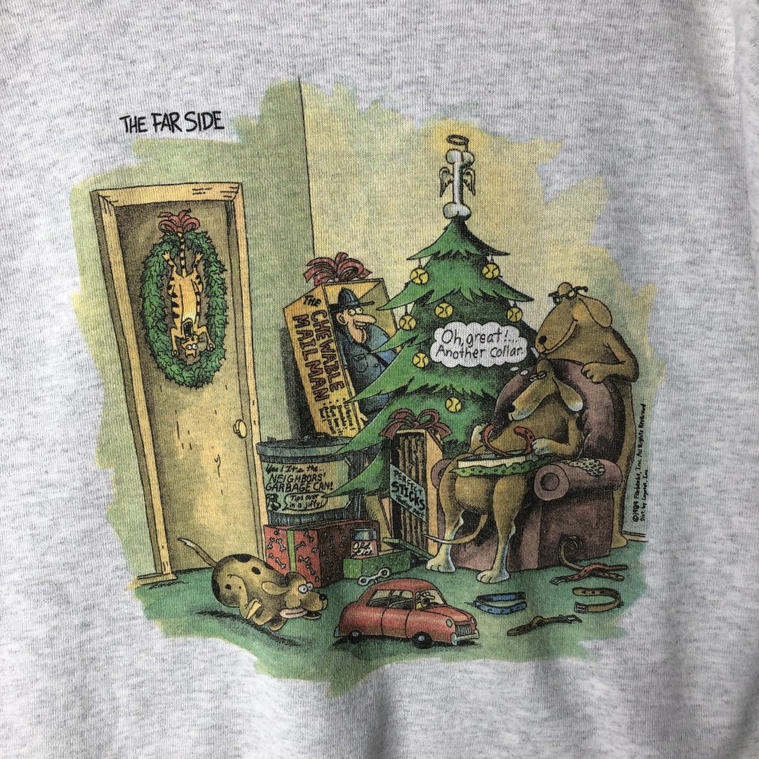 Vintage 1980'S LOGOTEL Far Side Christmas Pattern Character Sweatshirt, Made in USA, Men's XL polyester gray type Vintage Second Hand