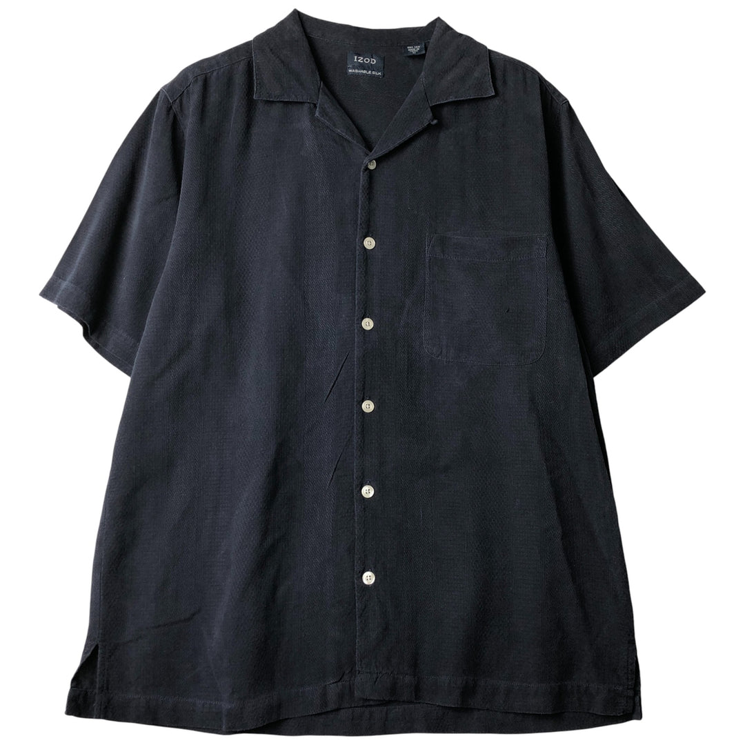 IZOD WASHABLE SILK Short Sleeve Open Collar Silk Shirt, Men's Size M silk navy blue type Vintage Second Hand