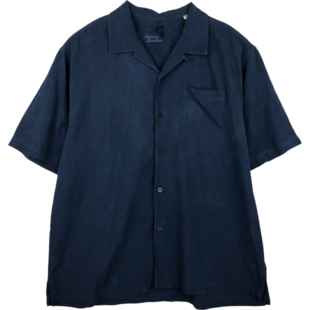 Tommy Bahama Original Fit Short Sleeve Open Collar Silk Shirt, Men's XL silk Navy blue Vintage Second Hand