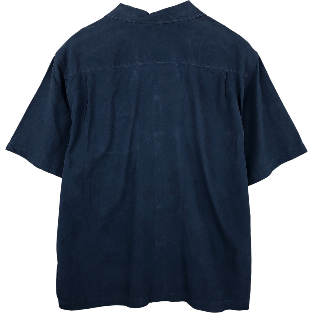 Tommy Bahama Original Fit Short Sleeve Open Collar Silk Shirt, Men's XL silk Navy blue Vintage Second Hand
