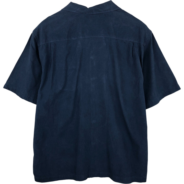 Tommy Bahama Original Fit Short Sleeve Open Collar Silk Shirt, Men's XL silk Navy blue Vintage Second Hand
