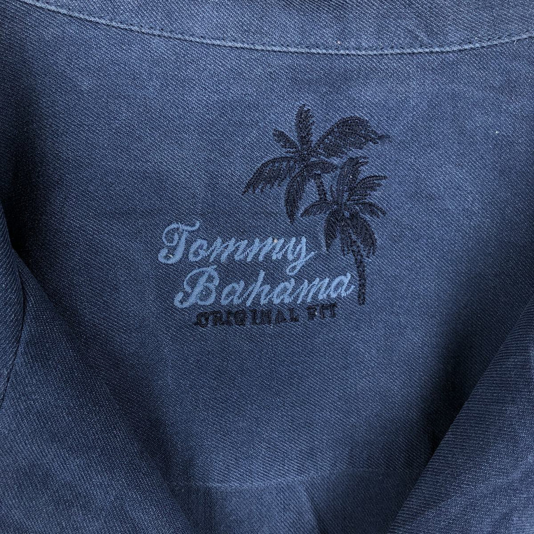 Tommy Bahama Original Fit Short Sleeve Open Collar Silk Shirt, Men's XL silk Navy blue Vintage Second Hand