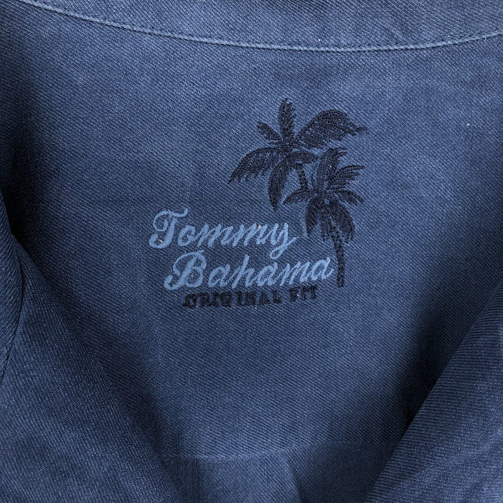 Tommy Bahama Original Fit Short Sleeve Open Collar Silk Shirt, Men's XL silk Navy blue Vintage Second Hand